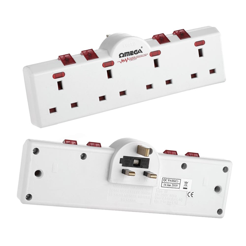 13A 4-Way Low Profile Plug-In Switched Socket Adapter with Surge Protection & Individual Switches