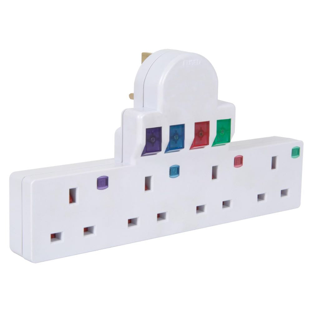 13A 4-Way Plug-In Socket Adapter with Surge Protection, Individual Neon Switches & 3000W Load