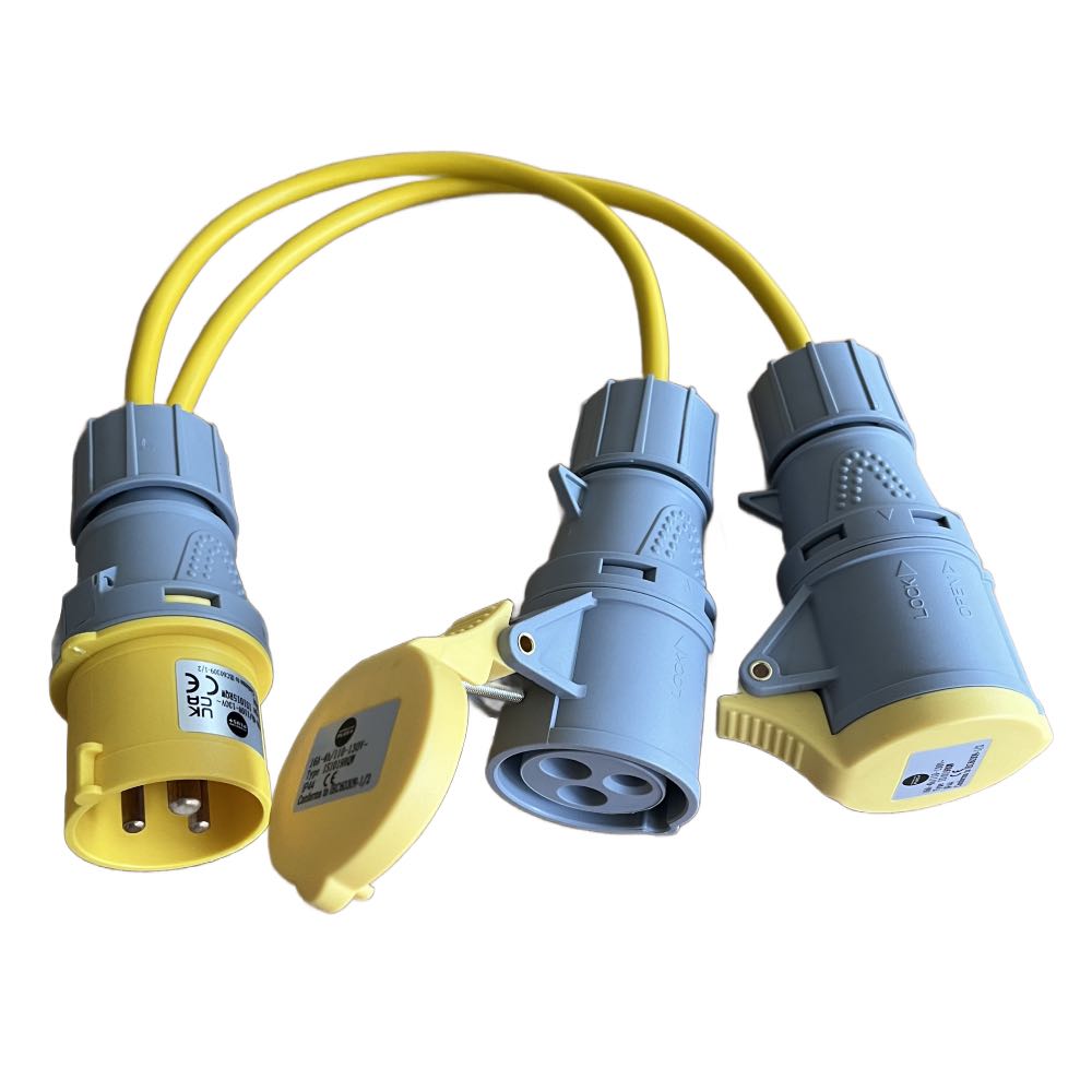 16A Plug to 2 x 16A Sockets 110V Yellow Site Splitter Cable