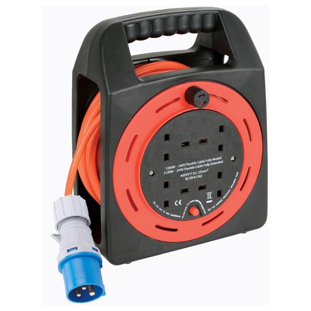 16A Plug to 4-Way 13A Sockets 240V Caravan Extension Reel – Various Lengths