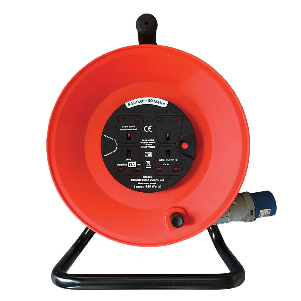16A Plug to 4-Way 13A Sockets 240V Caravan Extension Reel – Various Lengths