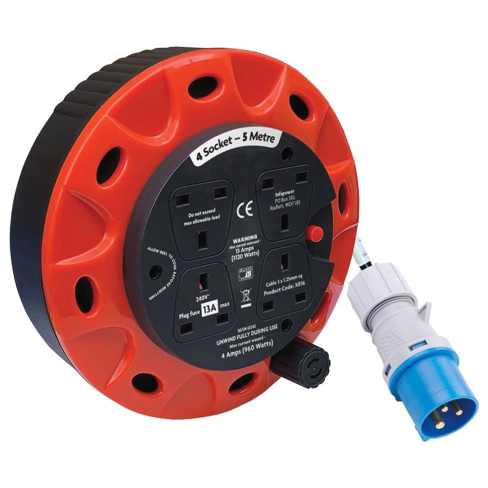 16A Plug to 4-Way 13A Sockets 240V Caravan Extension Reel – Various Lengths