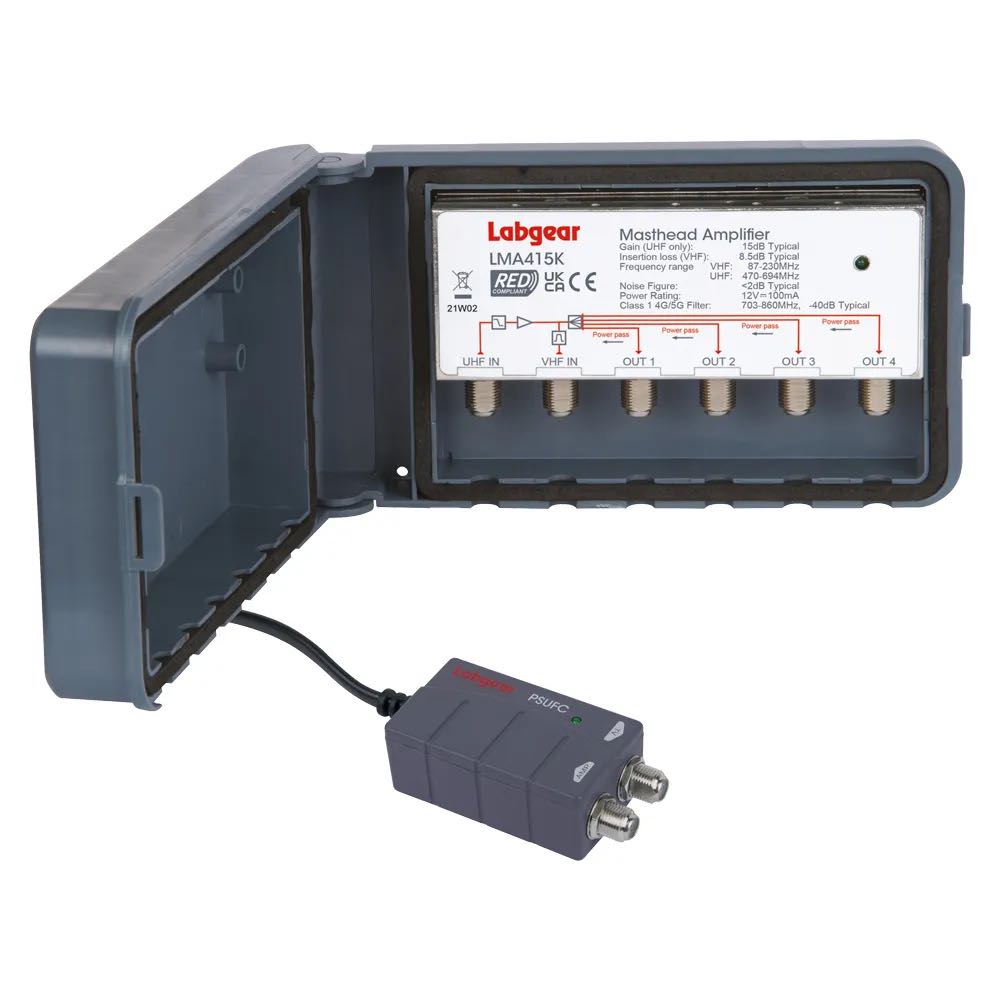 4-Way Masthead UHF Signal Booster Kit with PSU – Weatherproof Installation Kit