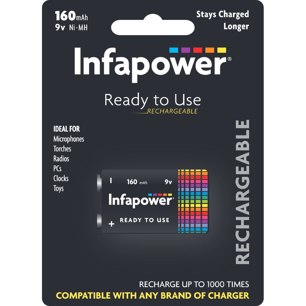 9V 160mAh Rechargeable Batteries by Infapower – 1K Recharges