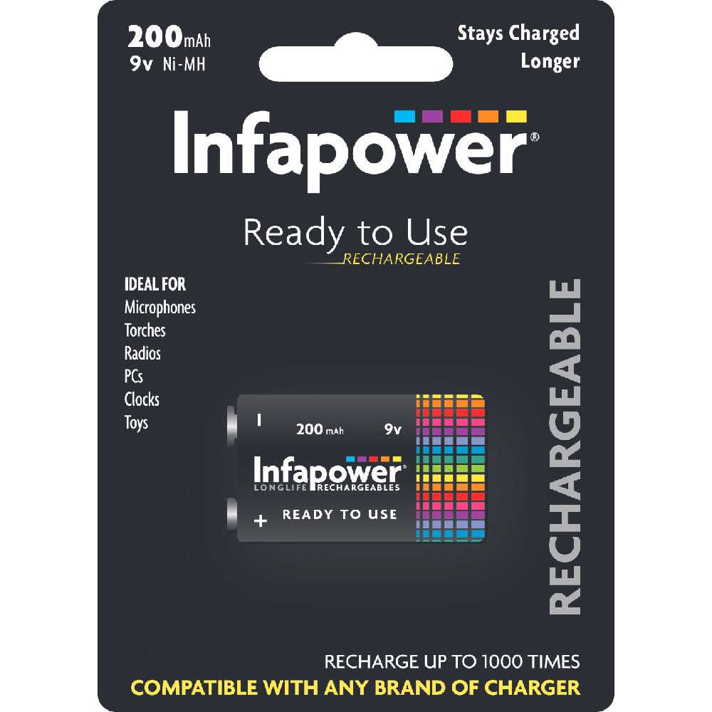 9V 200mAh Rechargeable Batteries by Infapower – 1K Recharges