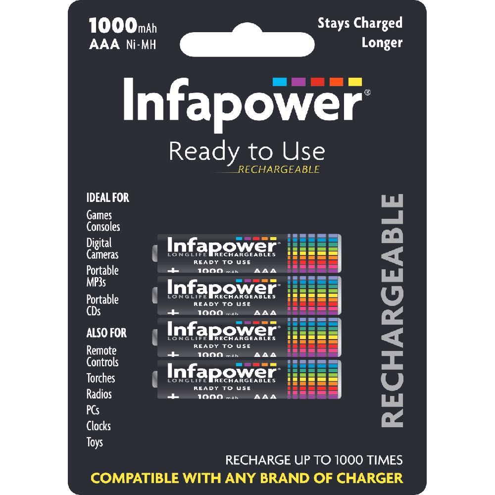 AAA 1000mAh Rechargeable Batteries by Infapower – 1K Recharges