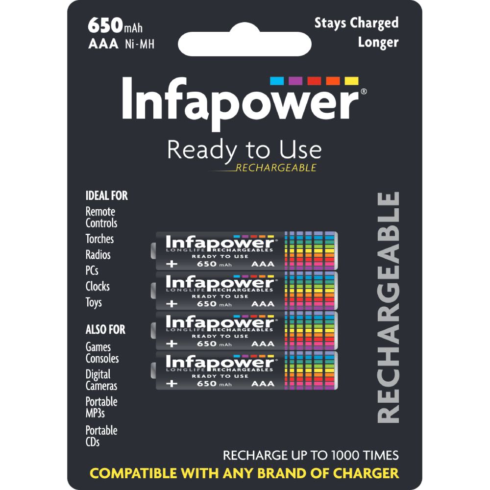 AAA 650mAh Rechargeable Batteries by Infapower – 1K Recharges