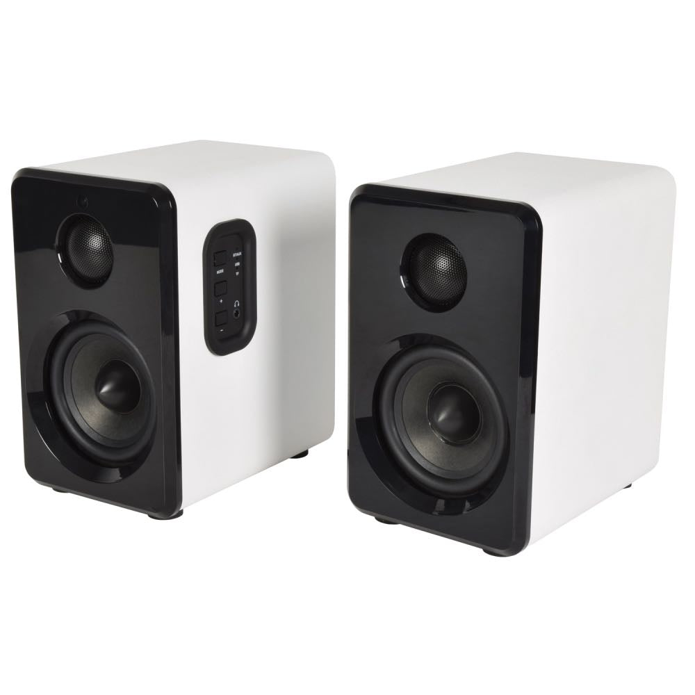 Active Bluetooth Bookshelf Speakers with USB & Micro SD Playback – Satin White