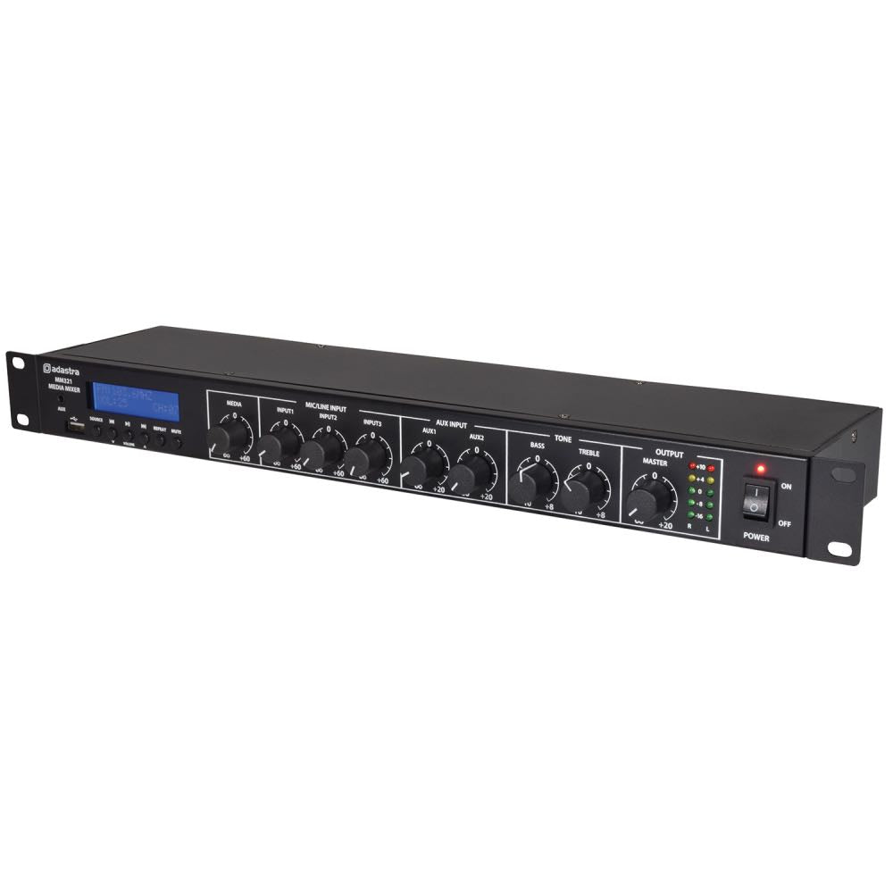 Adastra 1U Rack Mixer with USB, FM, Bluetooth & 3 Mic Inputs