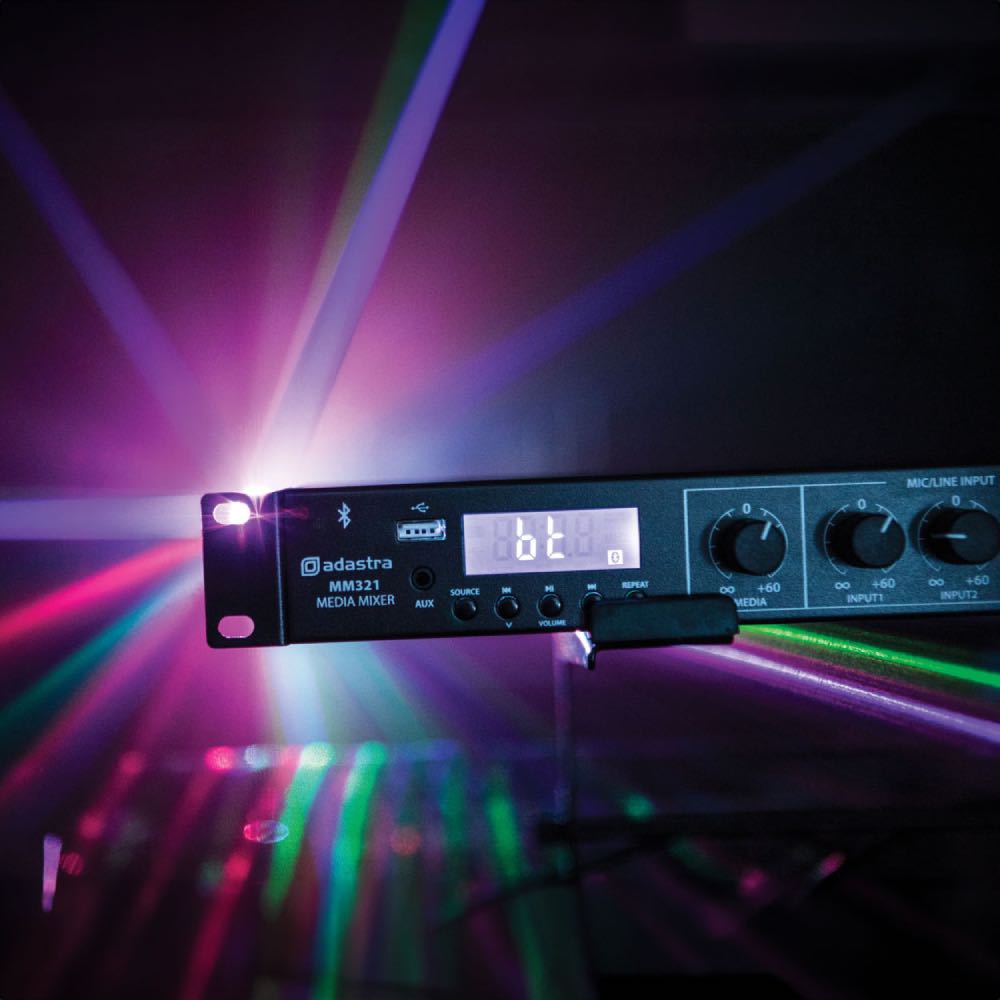 Adastra 1U Rack Mixer with USB, FM, Bluetooth & 3 Mic Inputs