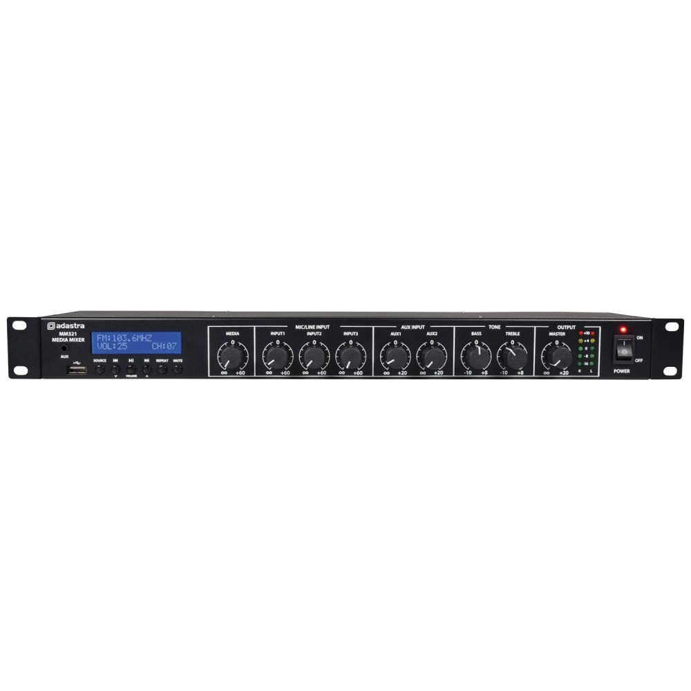 Adastra 1U Rack Mixer with USB, FM, Bluetooth & 3 Mic Inputs