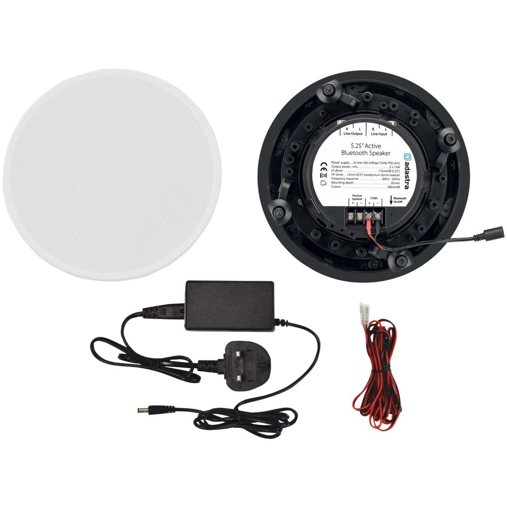 Adastra Bluetooth Full Range Panel Mount White Ceiling Speakers 5.25 Inch Pair with Cables and PSU