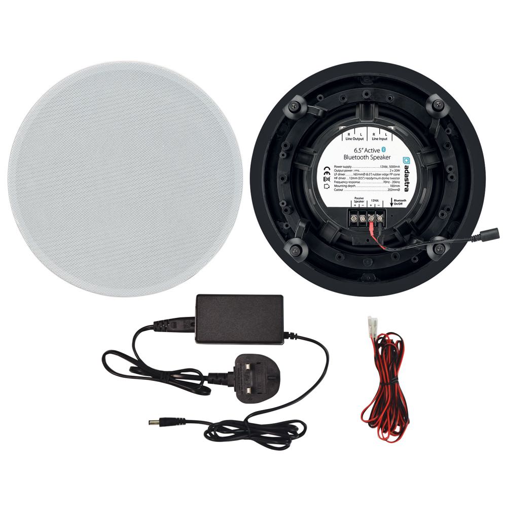 Adastra Bluetooth Full Range Panel Mount White Ceiling Speakers 6.5 Inch Pair with Cables and PSU