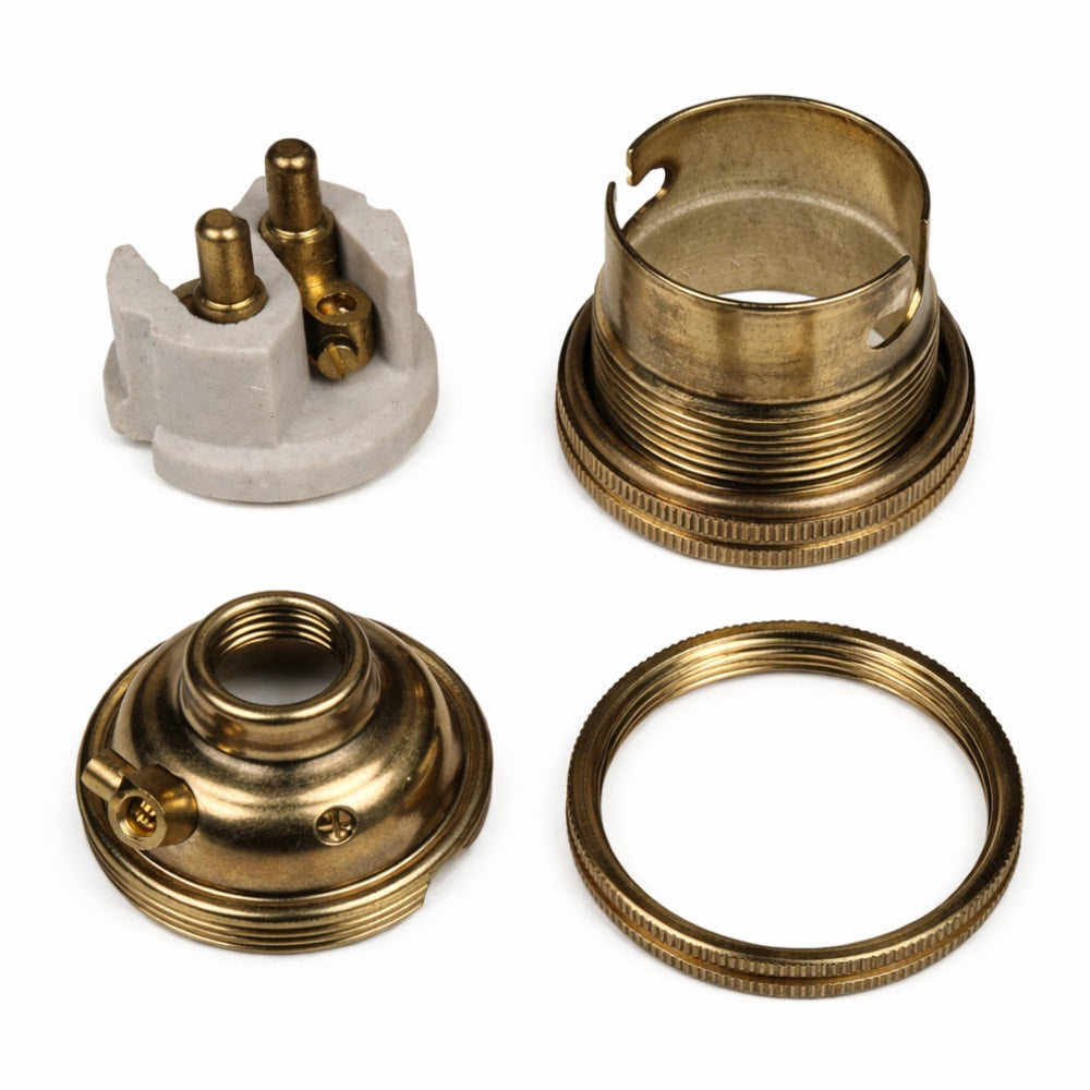 Antique Brass BC | B22 | Bayonet Cap Lamp Holder – 10mm / 1/2” Thread (Switched / Non-Switched)