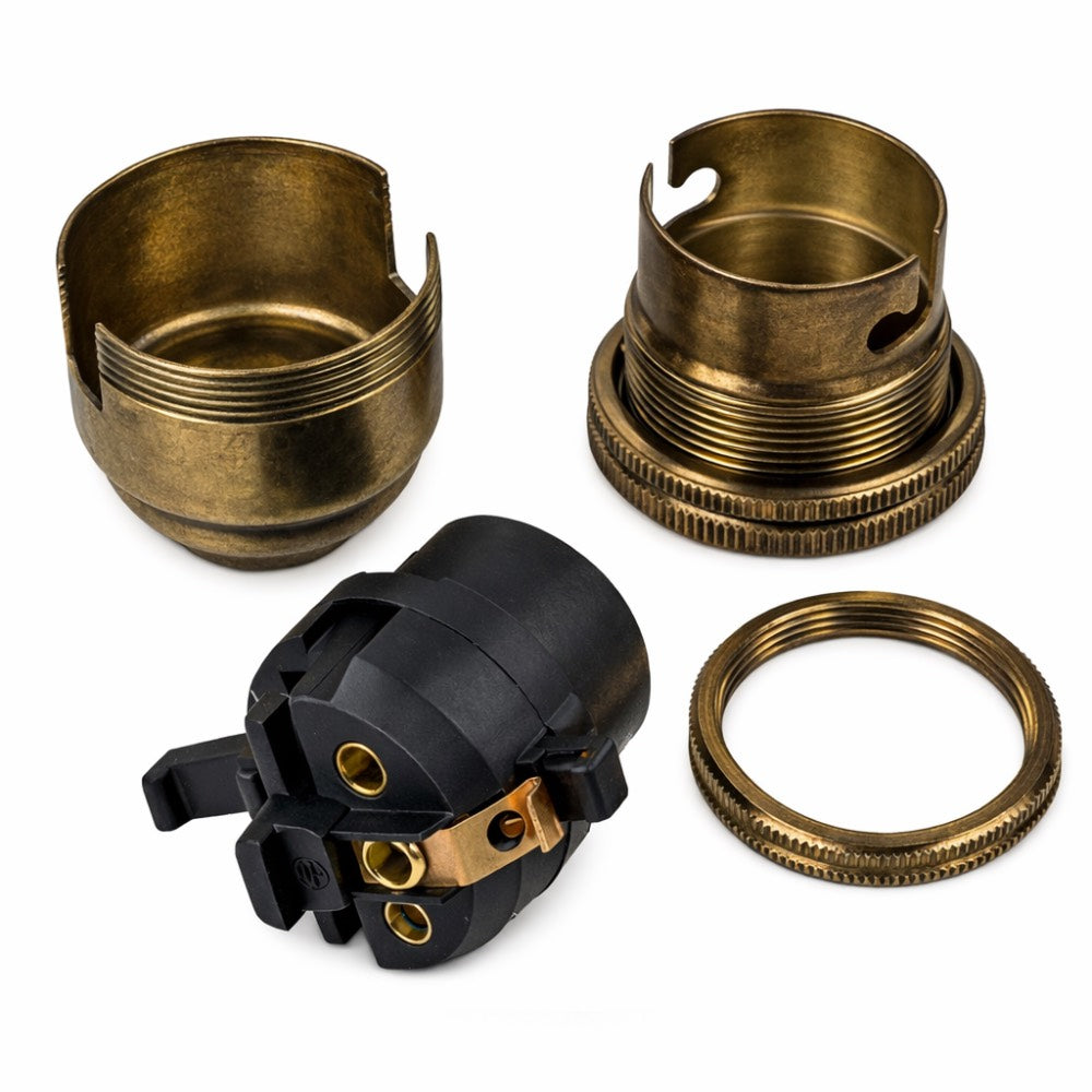 Antique Brass BC | B22 | Bayonet Cap Lamp Holder – 10mm / 1/2” Thread (Switched / Non-Switched)