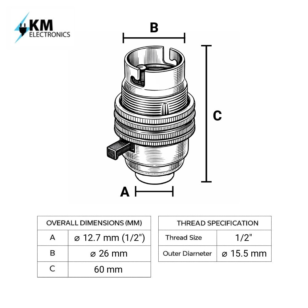 Brass BC | B22 | Bayonet Cap Lamp Holder – 10mm / 1/2” Thread (Switched / Non-Switched)
