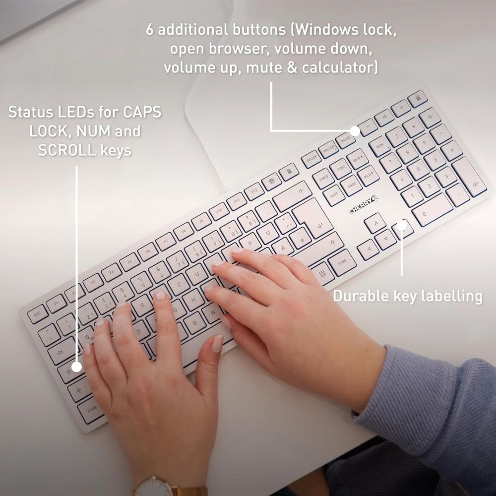 CHERRY KC 6000 Ultra-Slim Wired UK Keyboard with Scissor Keys – Silver/White