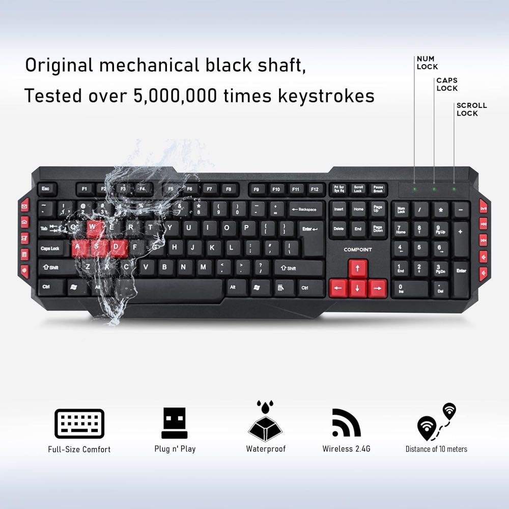 COMPOINT Wireless Keyboard & Mouse Deskset – Full-Size Multimedia Combo (Black)