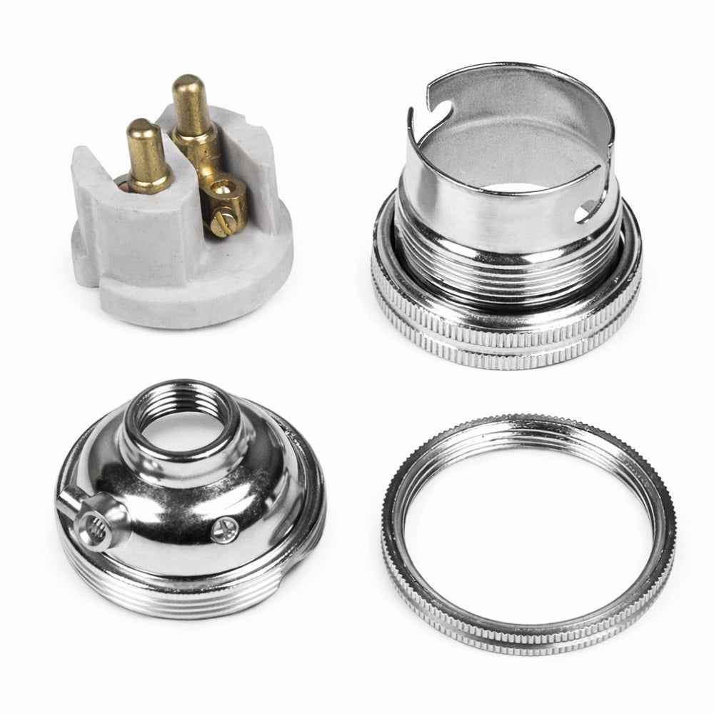 Chrome BC | B22 | Bayonet Cap Lamp Holder – 10mm / 1/2” Thread (Switched / Non-Switched)