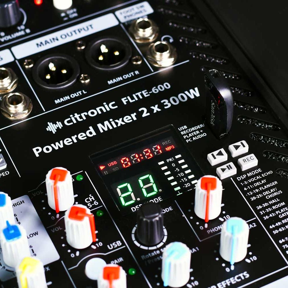 Citronic FLITE-600 2x300W Mobile DJ PA Mixer with DSP, USB, Bluetooth & 2 UHF Mics