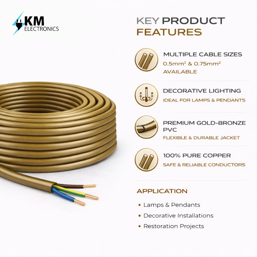 Gold Lighting Cable Flex | Electrical Lighting Cable – 3 Core 0.5mm / 0.75mm