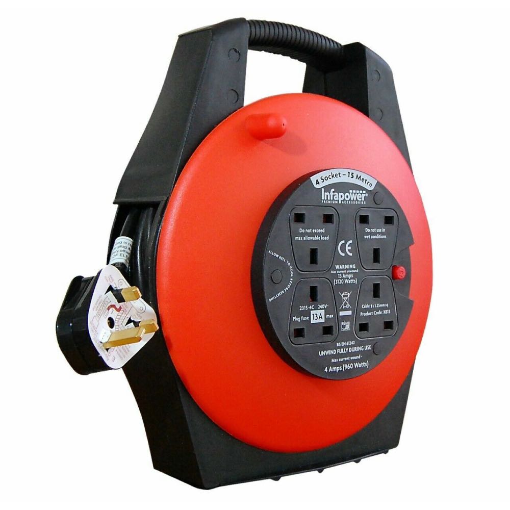 Infapower 15m 4 socket extension reel with thermal cut out