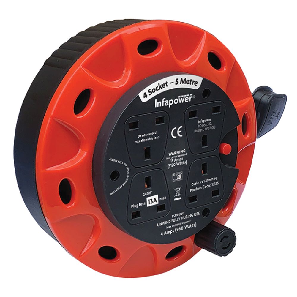 Infapower 5m 4 Socket Extension Reel