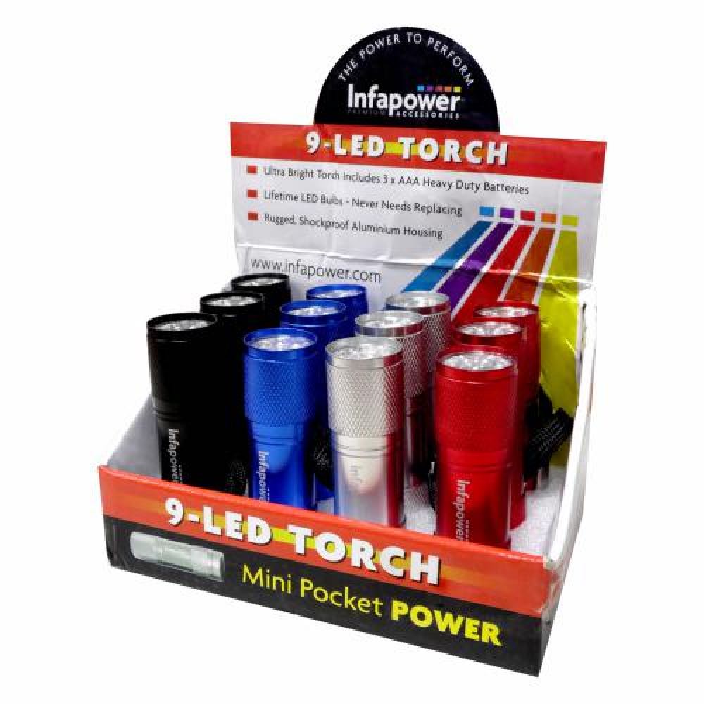 LED Ultra Bright Metallic Torches (12 Pack) Black Blue Silver Red