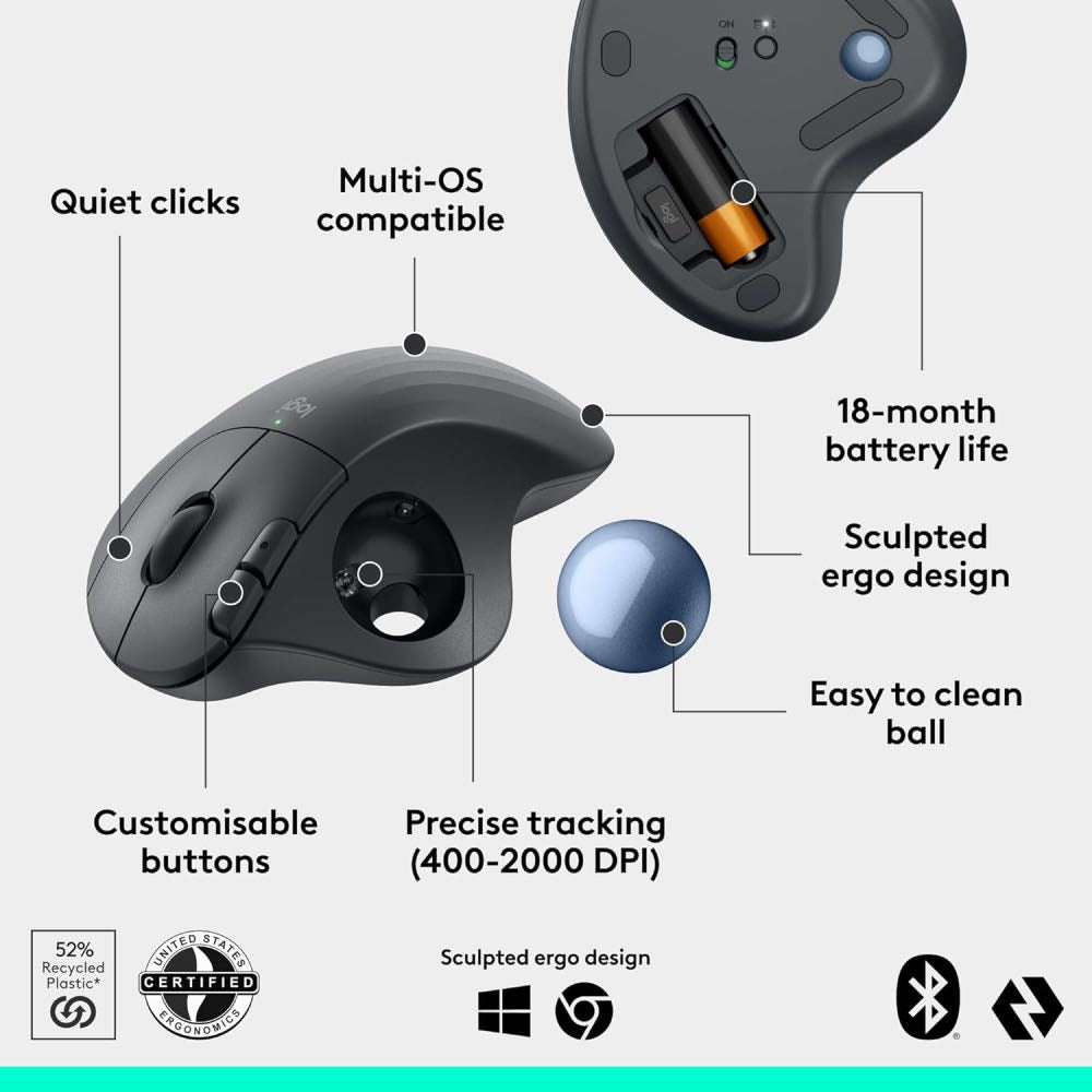Logitech Ergo M575 Wireless Ergonomic Trackball Mouse with Bluetooth for PC/Mac