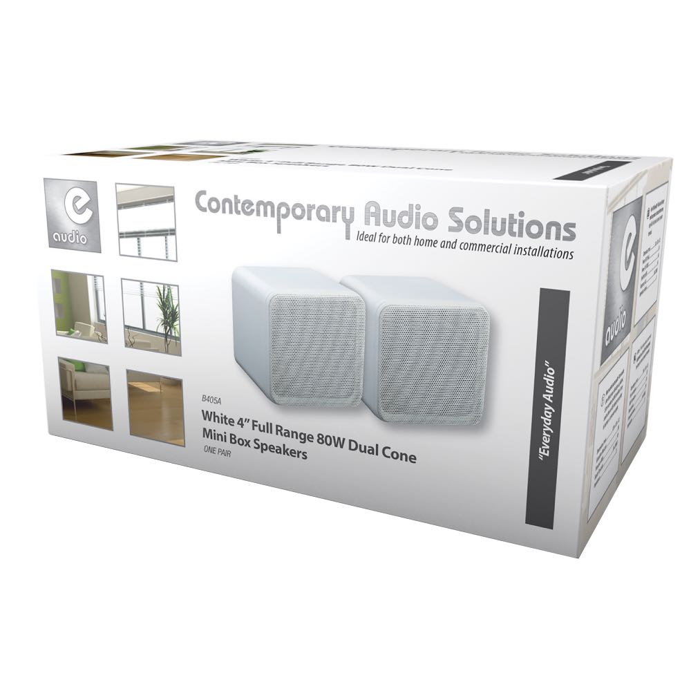 e-audio Mini Cube Surround Sound Bookshelf Box Speakers in White