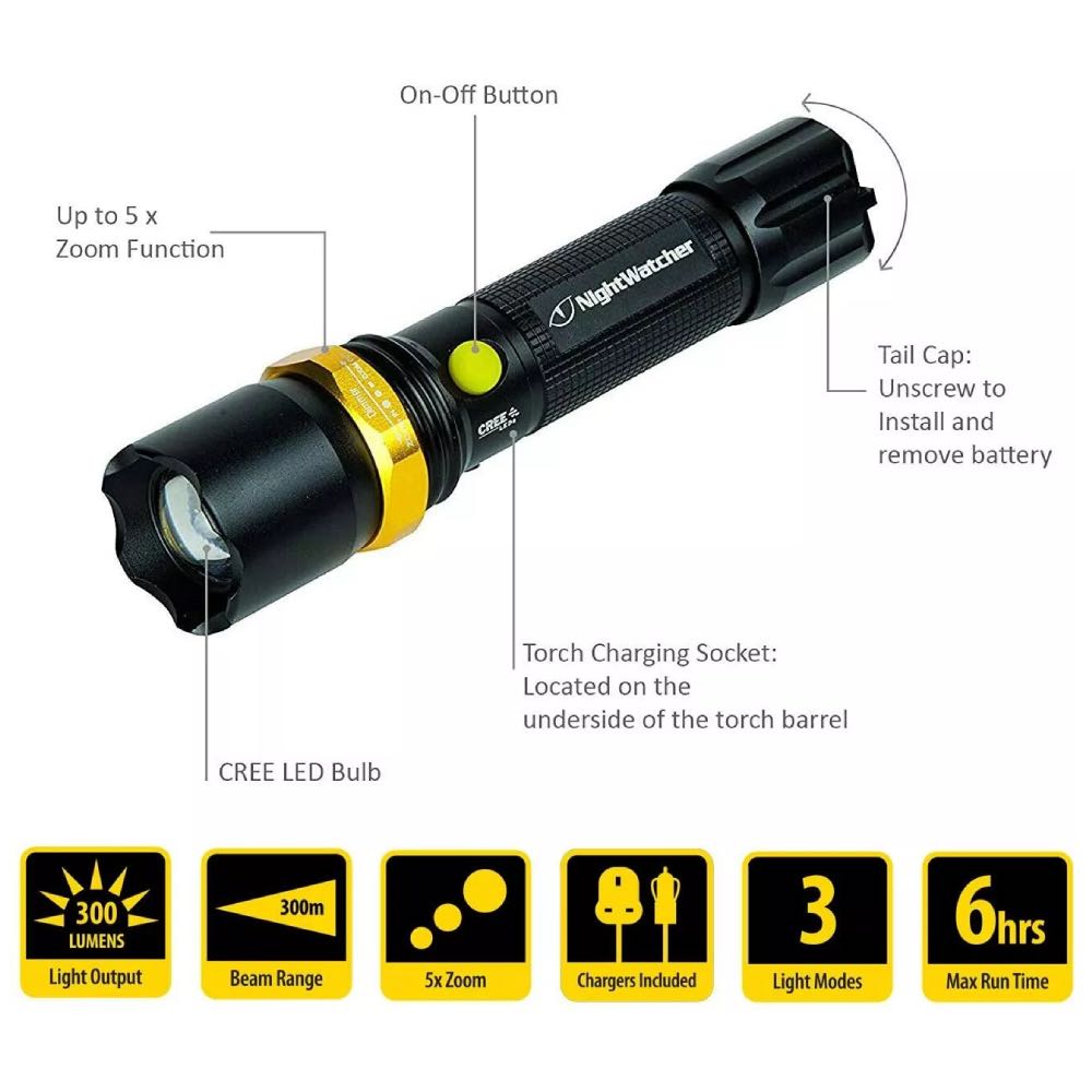 Rechargeable NightWatcher Adjustable LED Torch with 5x Zoom Function