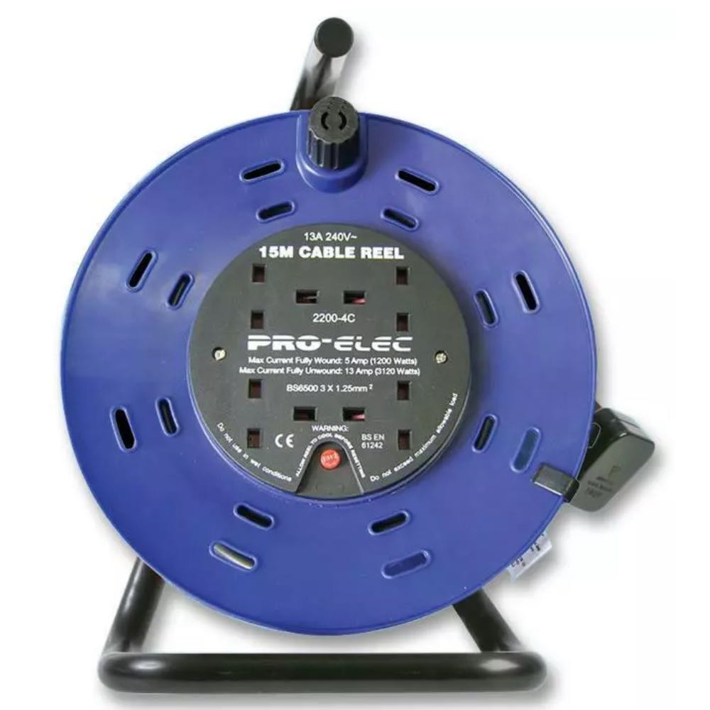 Pro elec 15m 4 socket mains extension cable reel price