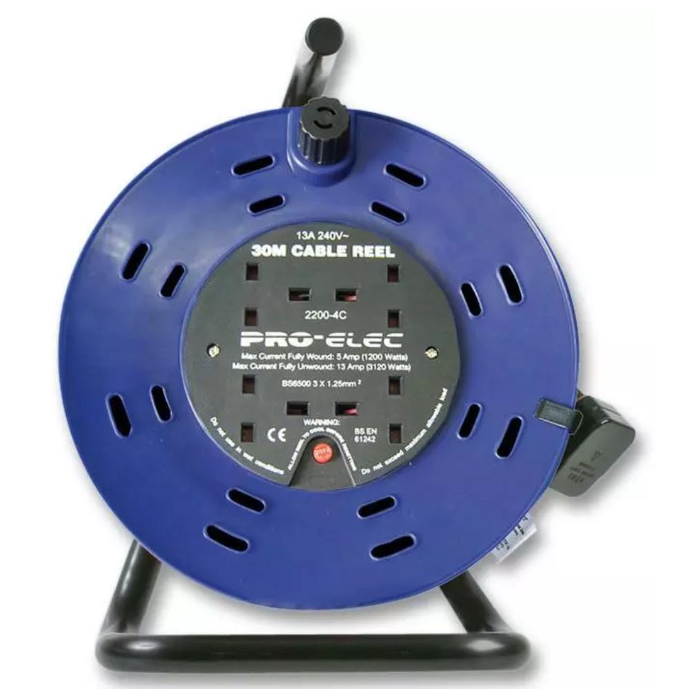 Pro elec 30m 4 socket mains extension cable reel price