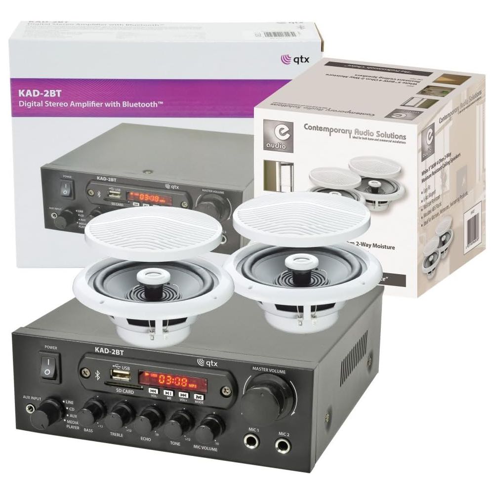 QTX Bluetooth Amplifier and Moisture-Resistant Ceiling Speaker Set