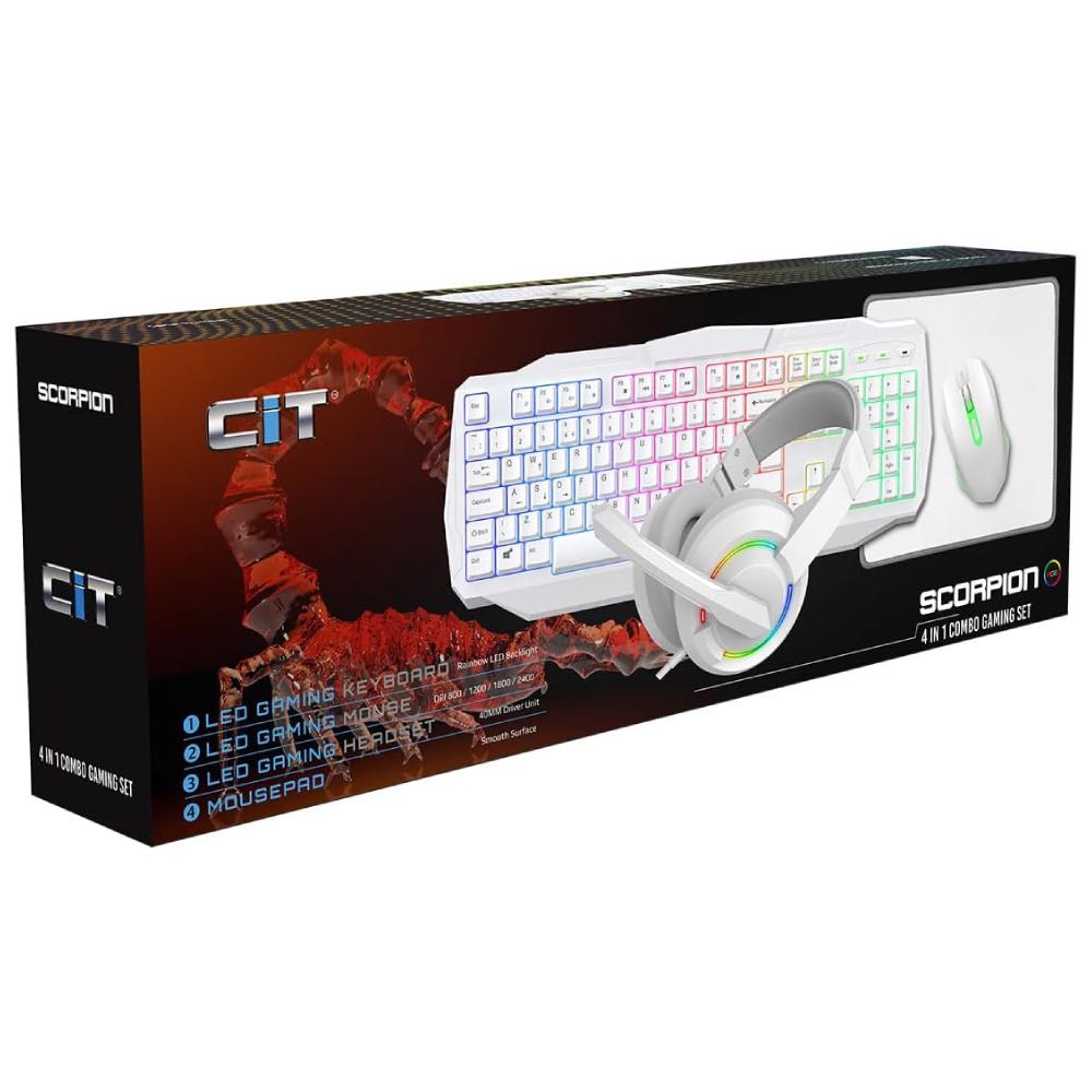 Scorpion CiT 4-in-1 PC Gaming Bundle – Keyboard, Mouse, Headset & Mousemat (White)