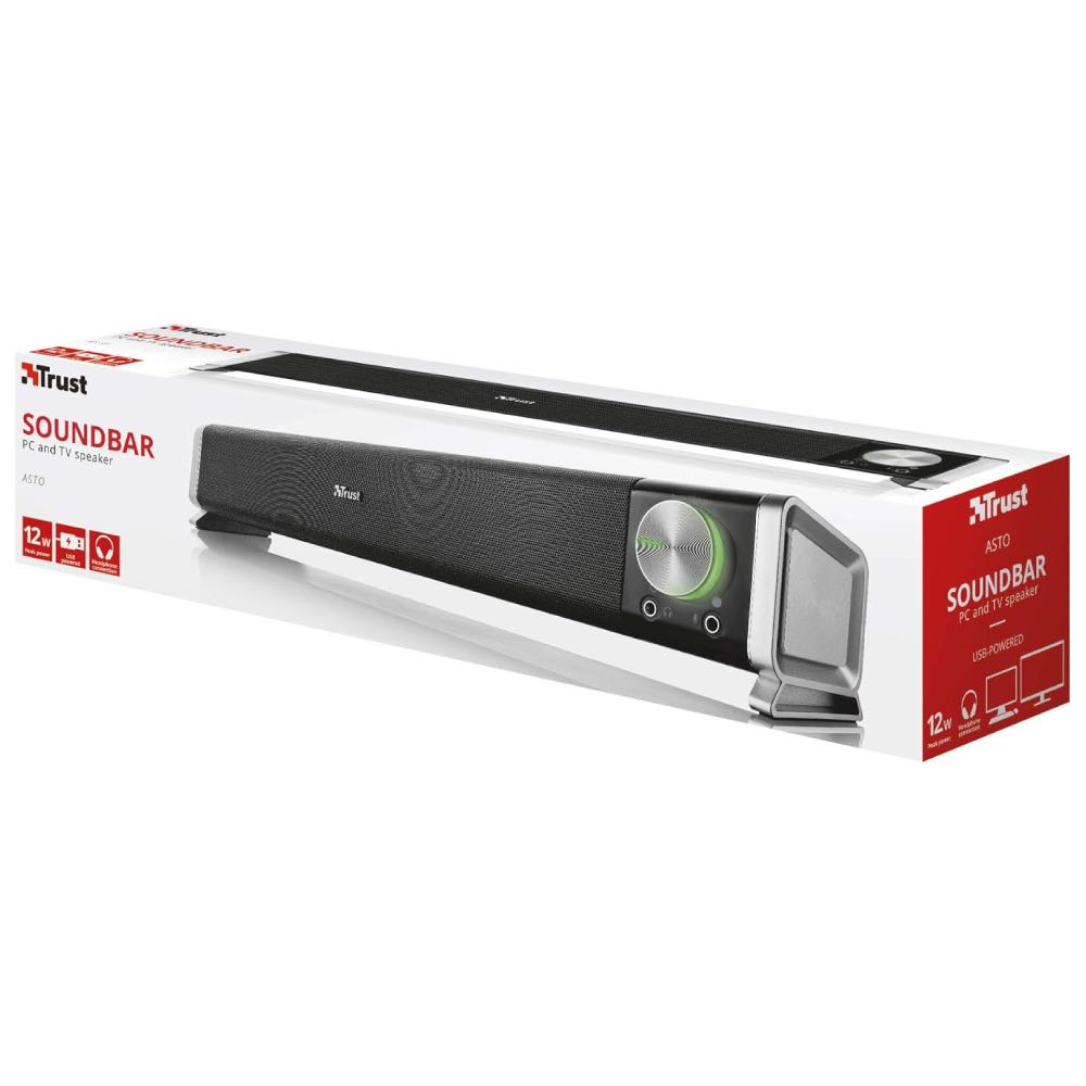 Trust Asto USB Desktop Soundbar for PC & TV with Headphone & Microphone Ports