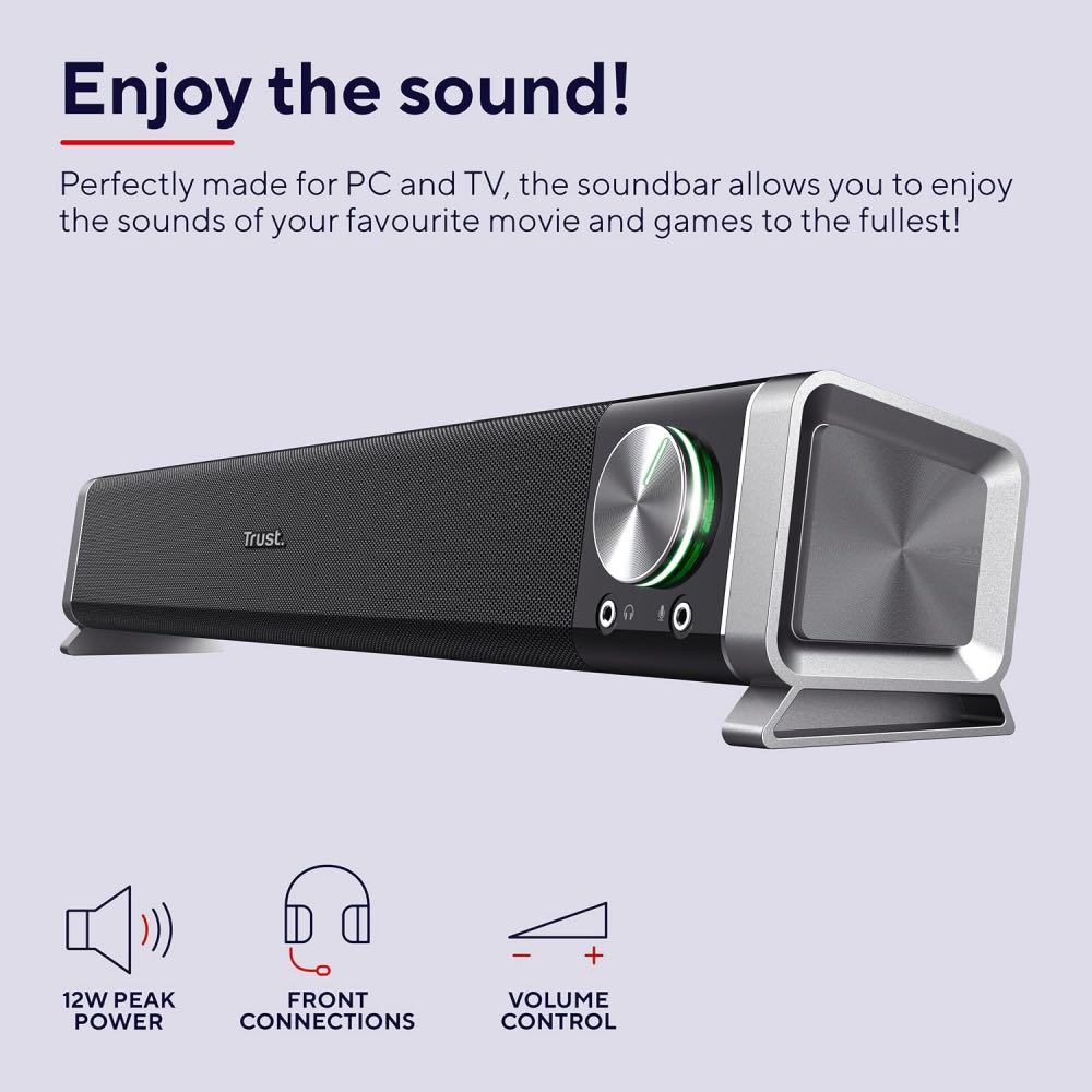 Trust Asto USB Desktop Soundbar for PC & TV with Headphone & Microphone Ports