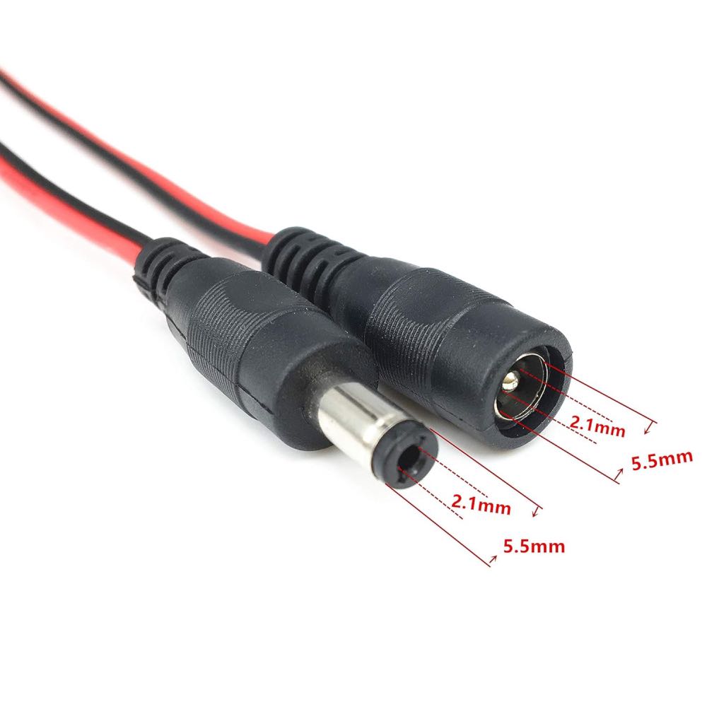 12V DC 2.1mm x 5.5mm Power Connector Lead – Male, Female or Set – 300mm