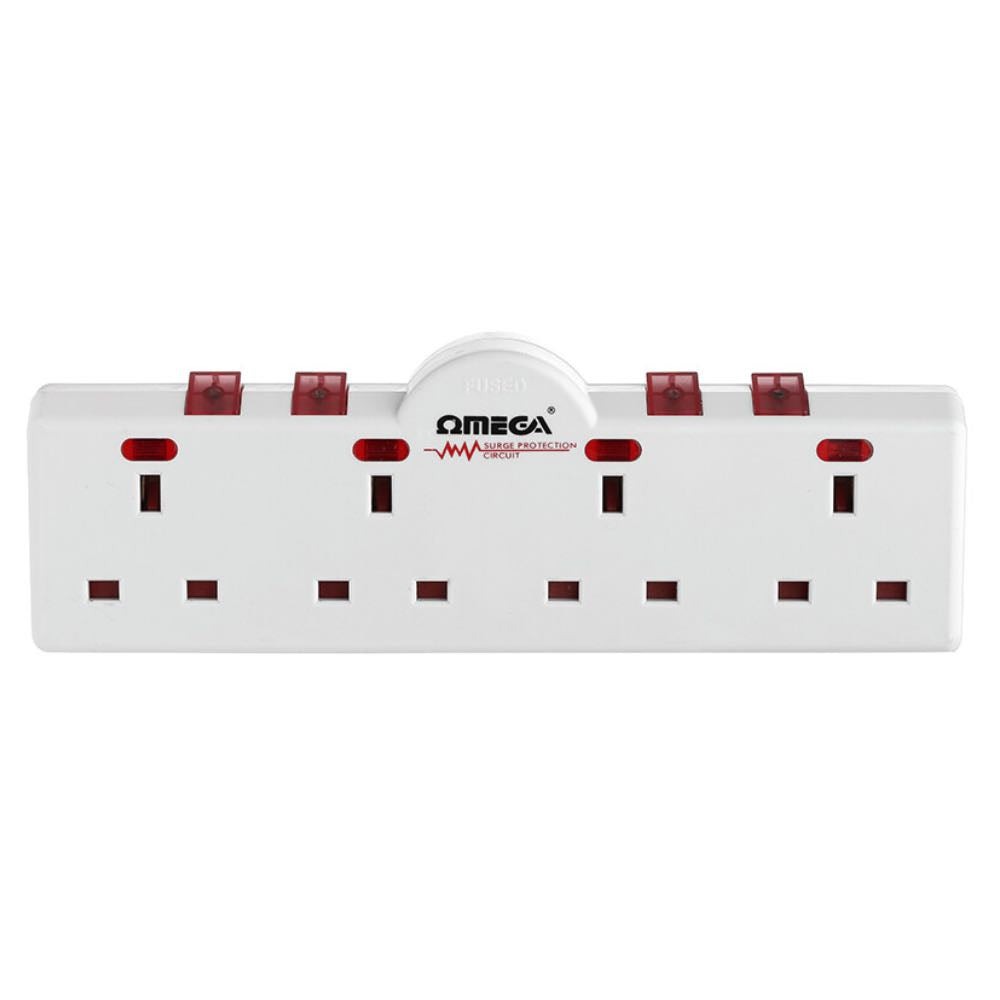 13A 4-Way Low Profile Plug-In Switched Socket Adapter with Surge Protection & Individual Switches