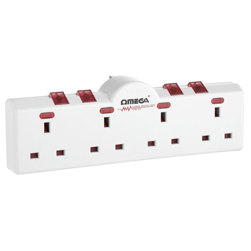 13A 4-Way Low Profile Plug-In Switched Socket Adapter with Surge Protection & Individual Switches