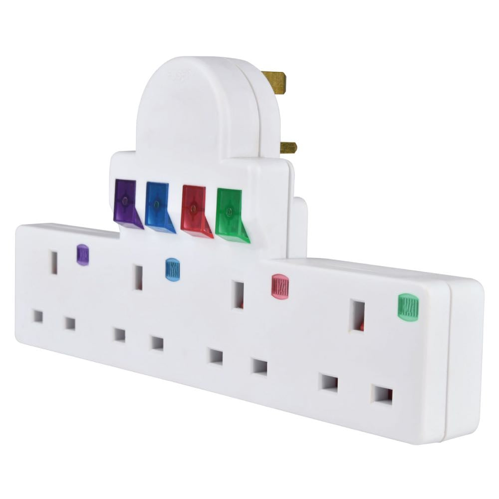 13A 4-Way Plug-In Socket Adapter with Surge Protection, Individual Neon Switches & 3000W Load