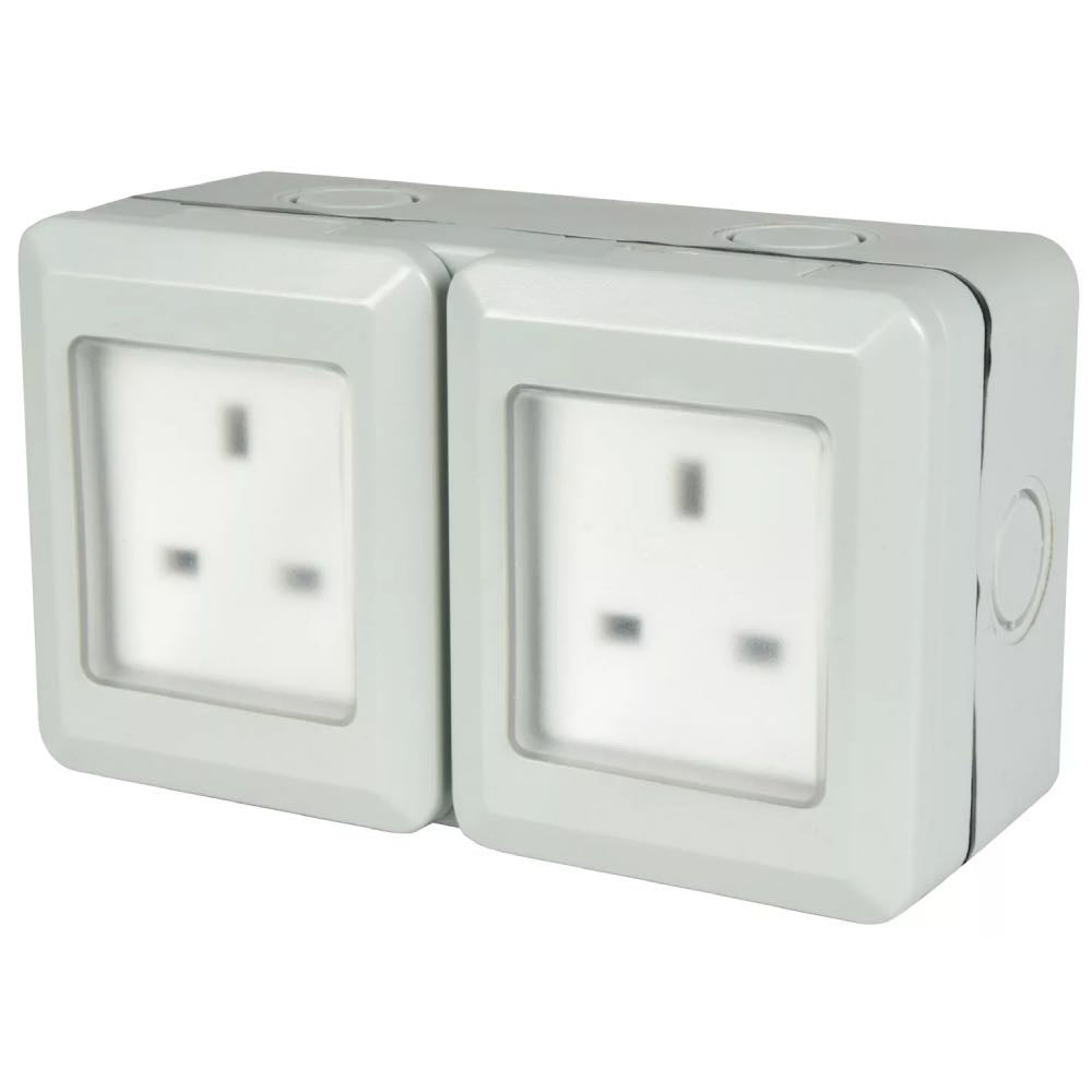 13A Outdoor Garden IP55 Weatherproof 2-Gang Double Unswitched Wall Socket