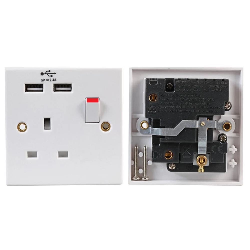13A Switched Wall Socket with Dual USB Charging Ports (1-Gang / 2-Gang)