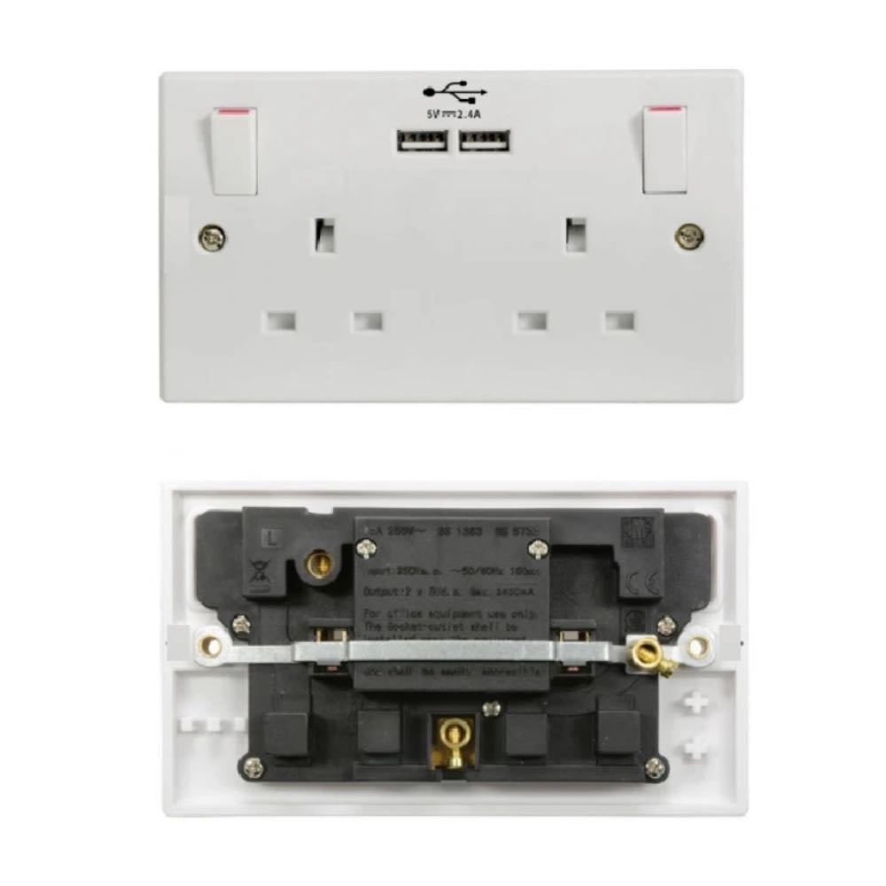 13A Switched Wall Socket with Dual USB Charging Ports (1-Gang / 2-Gang)