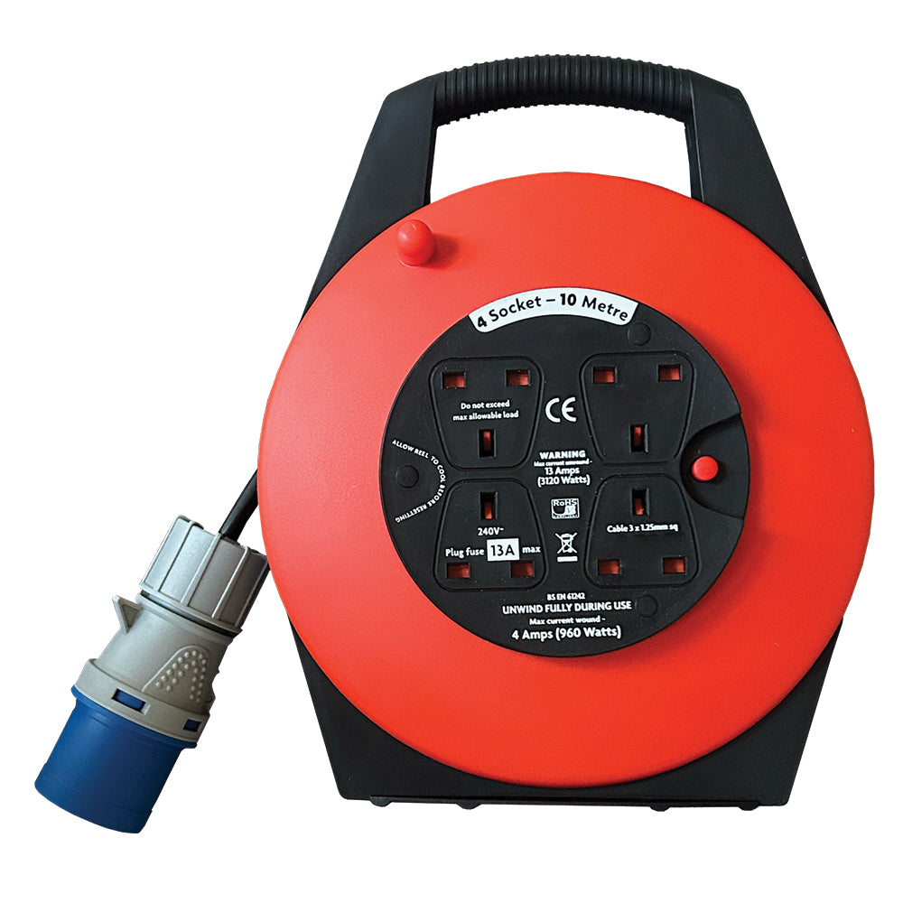 16A Plug to 4-Way 13A Sockets 240V Caravan Extension Reel – Various Lengths