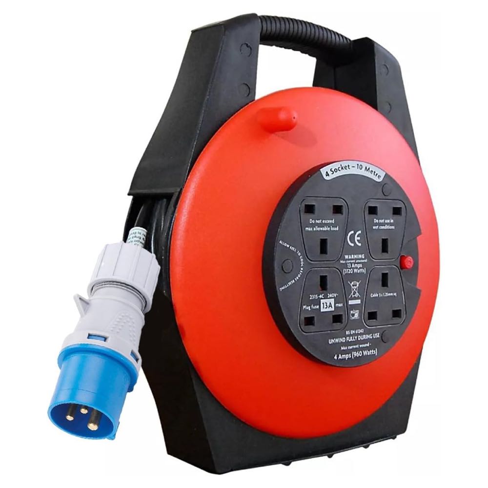 16A Plug to 4-Way 13A Sockets 240V Caravan Extension Reel – Various Lengths