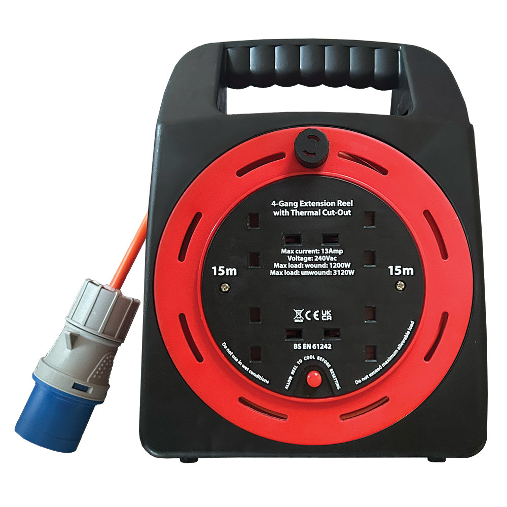 16A Plug to 4-Way 13A Sockets 240V Caravan Extension Reel – Various Lengths
