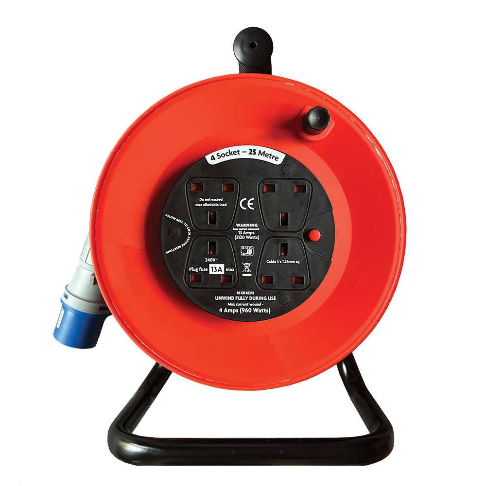 16A Plug to 4-Way 13A Sockets 240V Caravan Extension Reel – Various Lengths