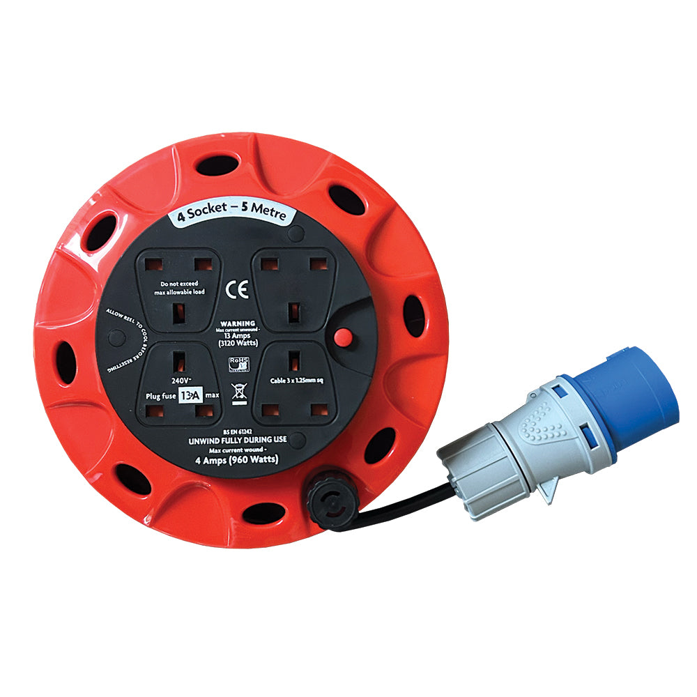 16A Plug to 4-Way 13A Sockets 240V Caravan Extension Reel – Various Lengths