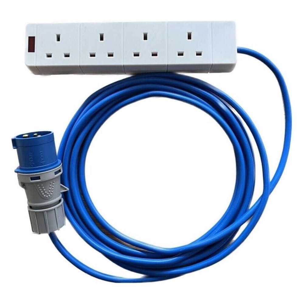 16A Plug to Power Socket Extension Camping Tent Electric Mains Hook Up Cable 4 Gang in Various Lengths